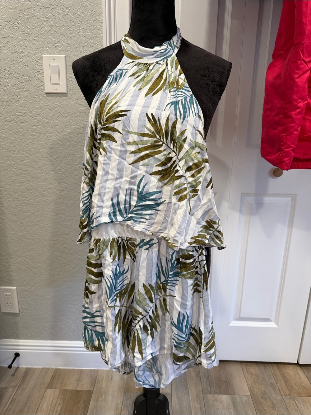 Tropical Halter Tiered Summer Romper - White with Green & Teal Leaves